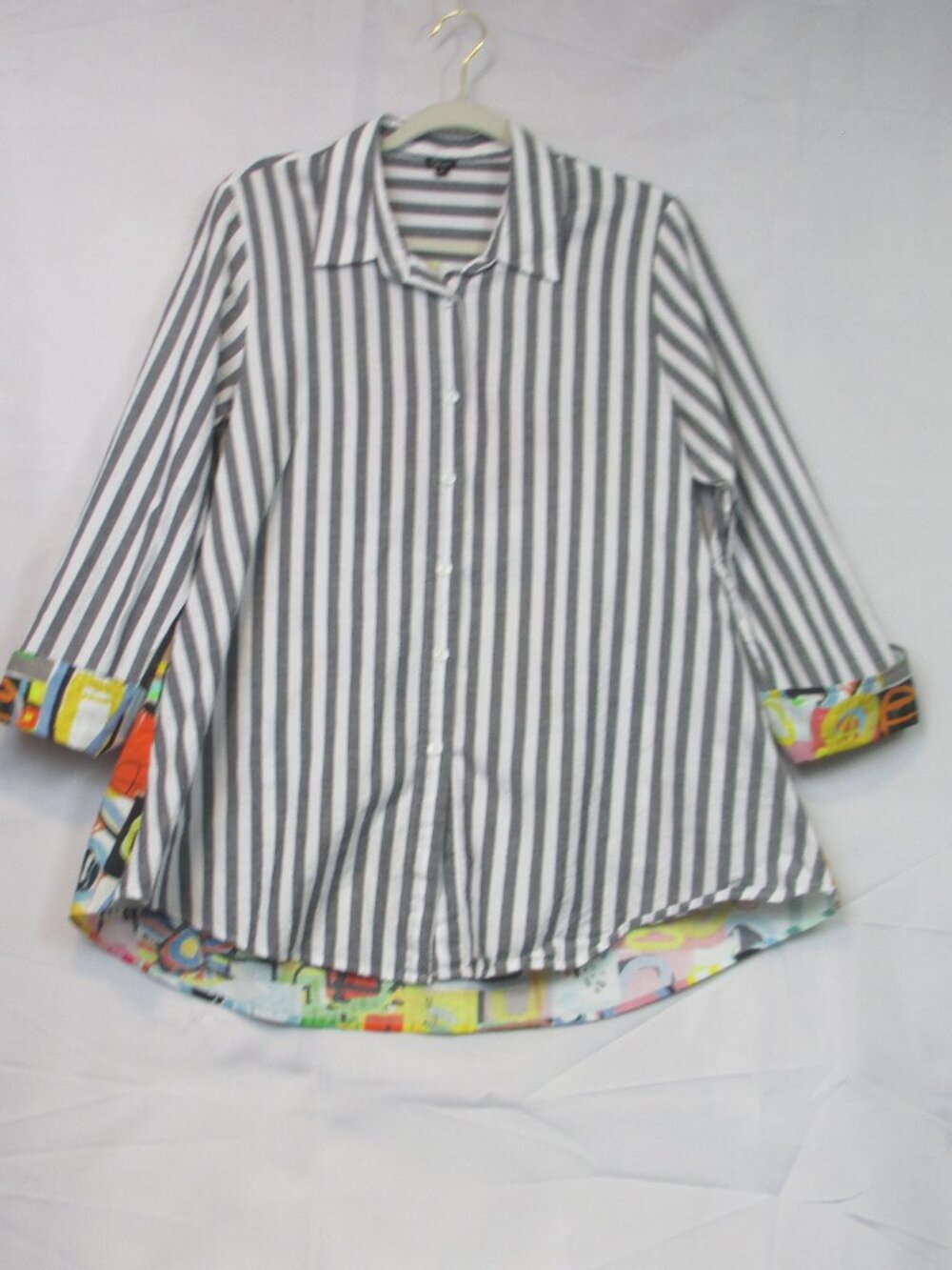 Shana Women Striped Abstract Back Button Down Shirt Art To Wear Coastal Beachy M